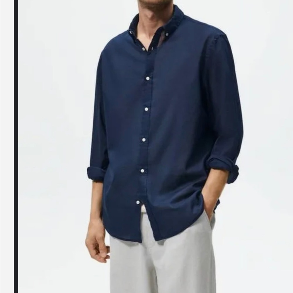 NWT Zara navy blue men button down shirt small